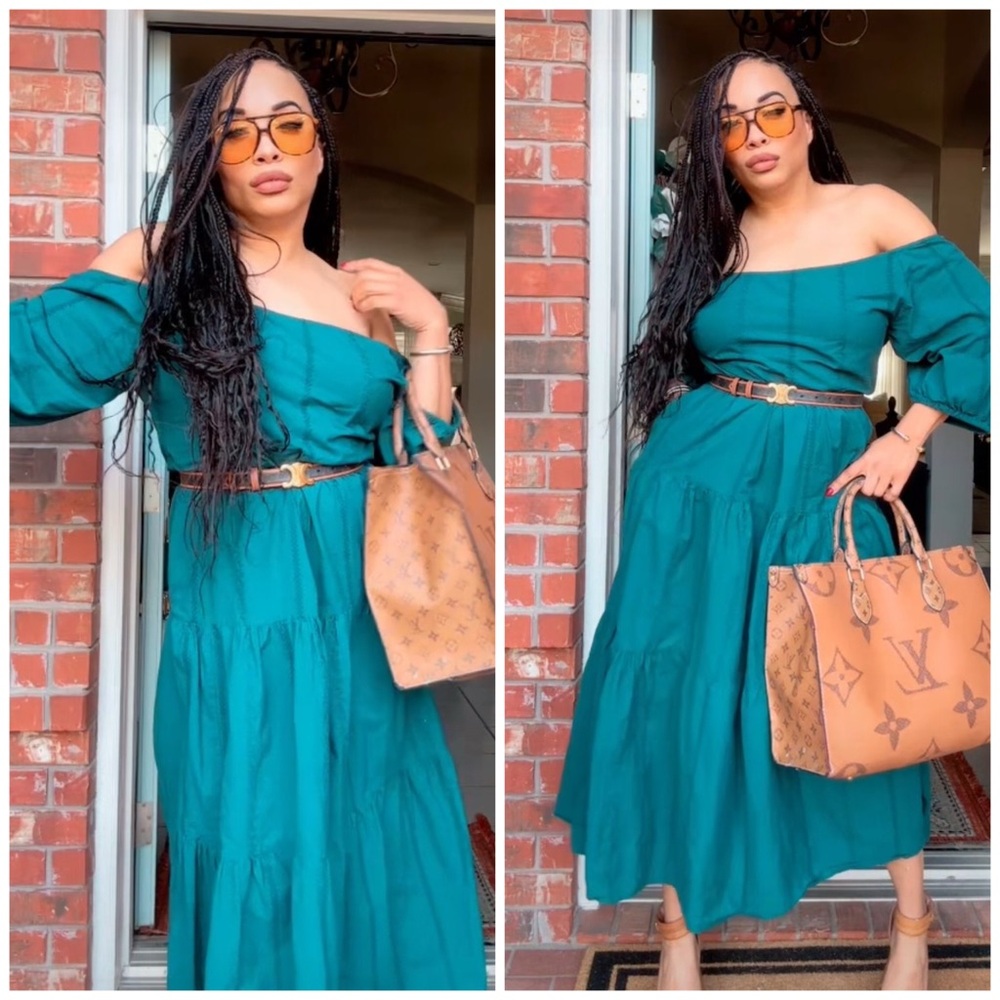 Off-Shoulder Teal Tiered Maxi Dress - 1111